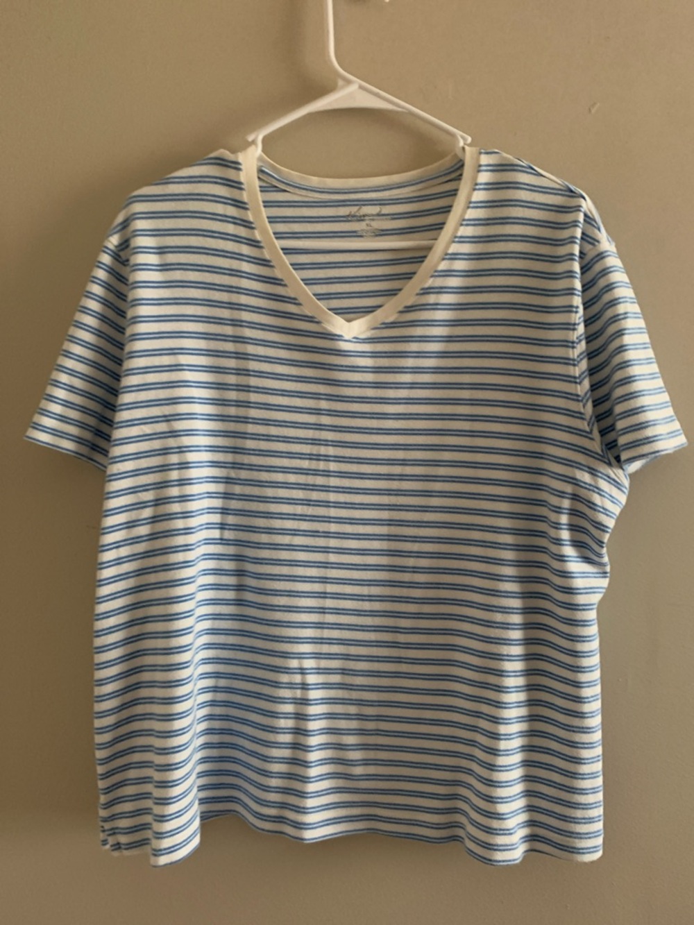 Kim Rogers White & Blue Striped V-Neck Short Sleeve Shirt